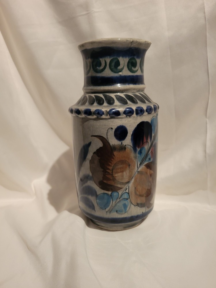 Hand Painted Vase Made In Mexico Bluish Grey With Earthtones Floral Design