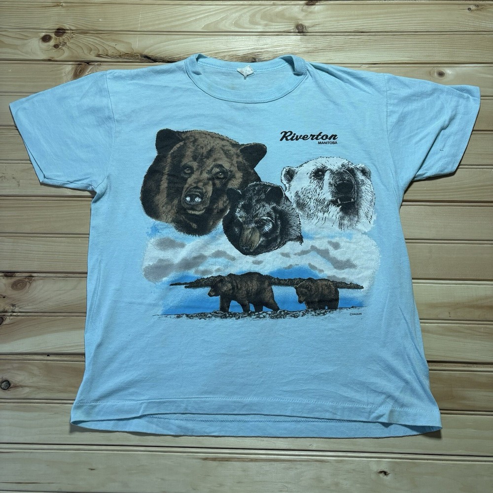 Vintage 80s Rivertown Manitoba Grizzly Black Polar Bear Nature Wildlife Shirt L