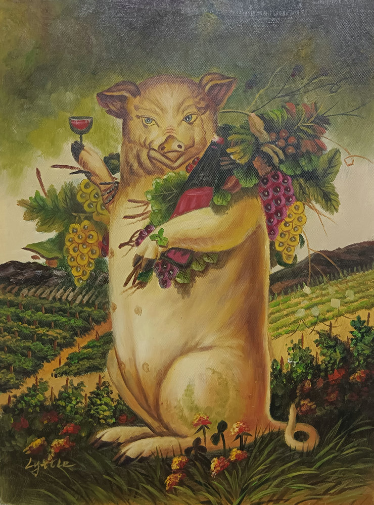 Pig With Wine and Grapes Abstract Oil painting Hand painted Canvas Wall Art Deco-image