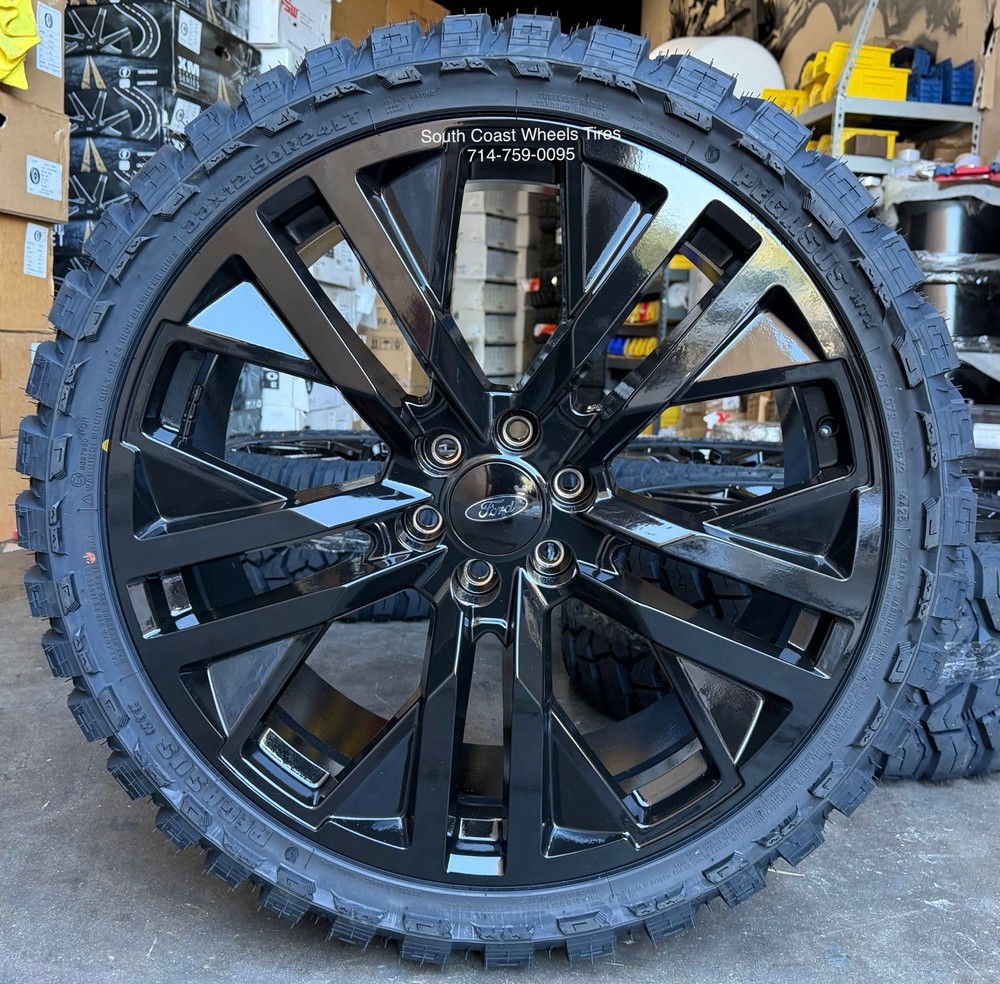 24” BLACK WHEELS Ford F150 Expedition 6X135 33” Mud MT Tires TPMS Navigator