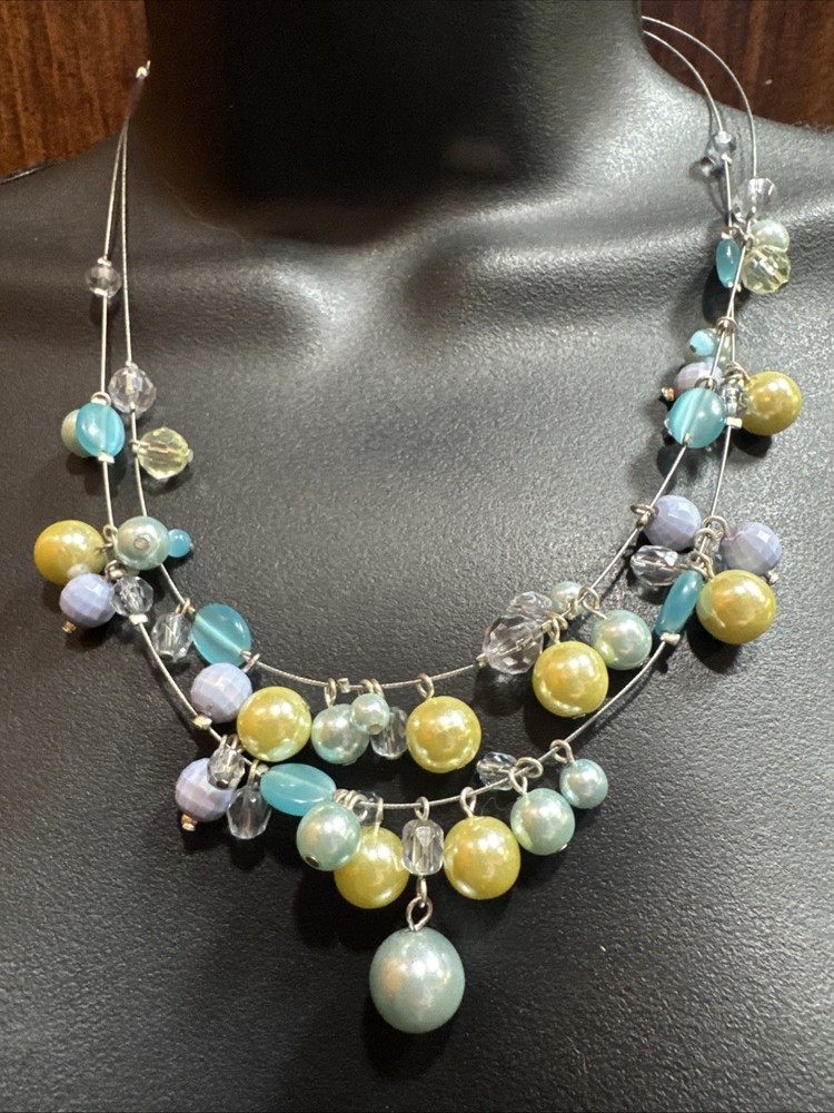 Double Strand Necklace Glass Blue Periwinkle Frosted Pearl Yellow Beads Vintage