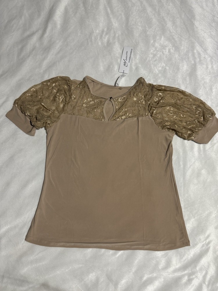 NWT NY Collection Women's Top Petite Large Tan Lace Puff Sleeve Keyhole Blouse