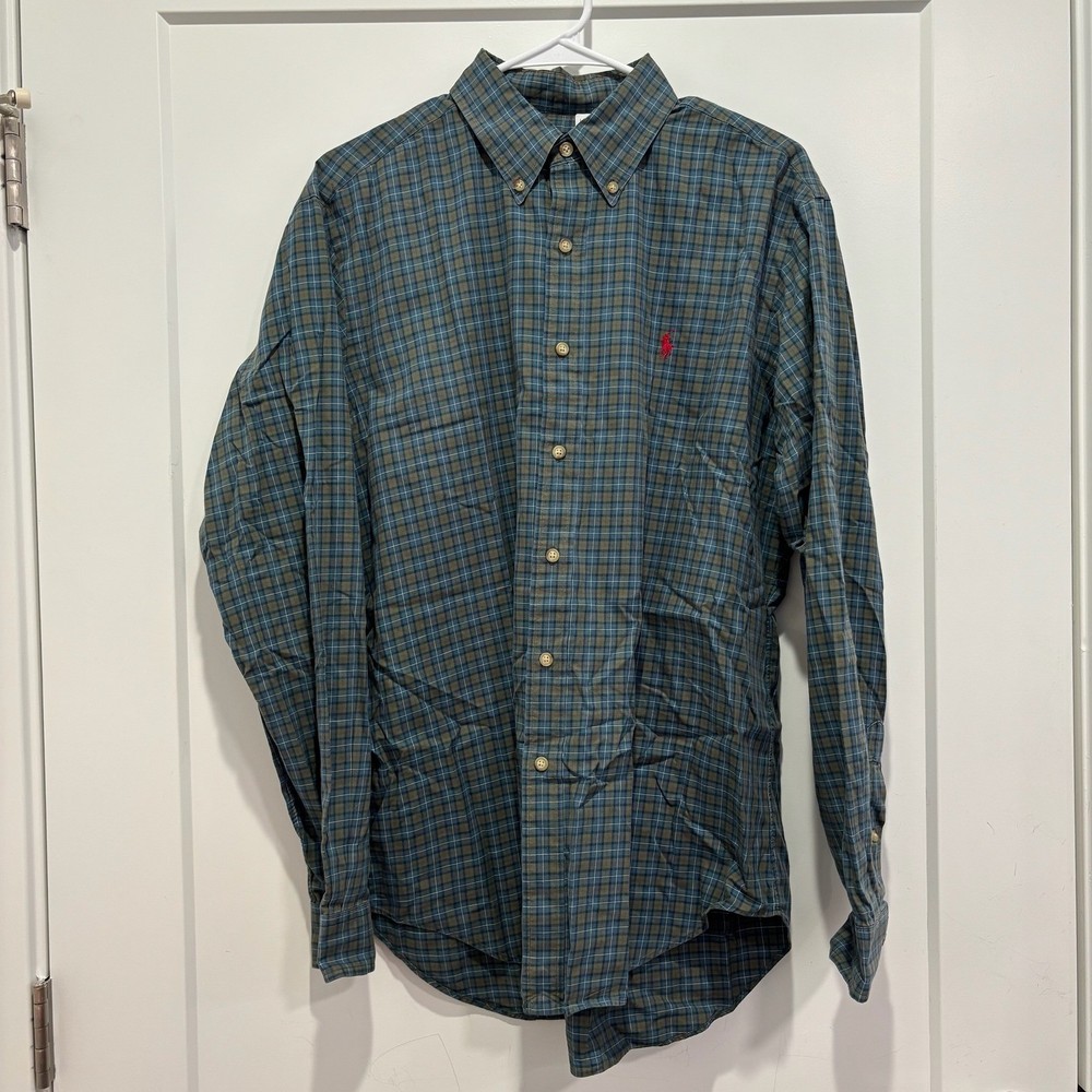 Ralph Lauren Classic Fit Plaid Button Down Shirt Mens L Green Blue Long Sleeve
