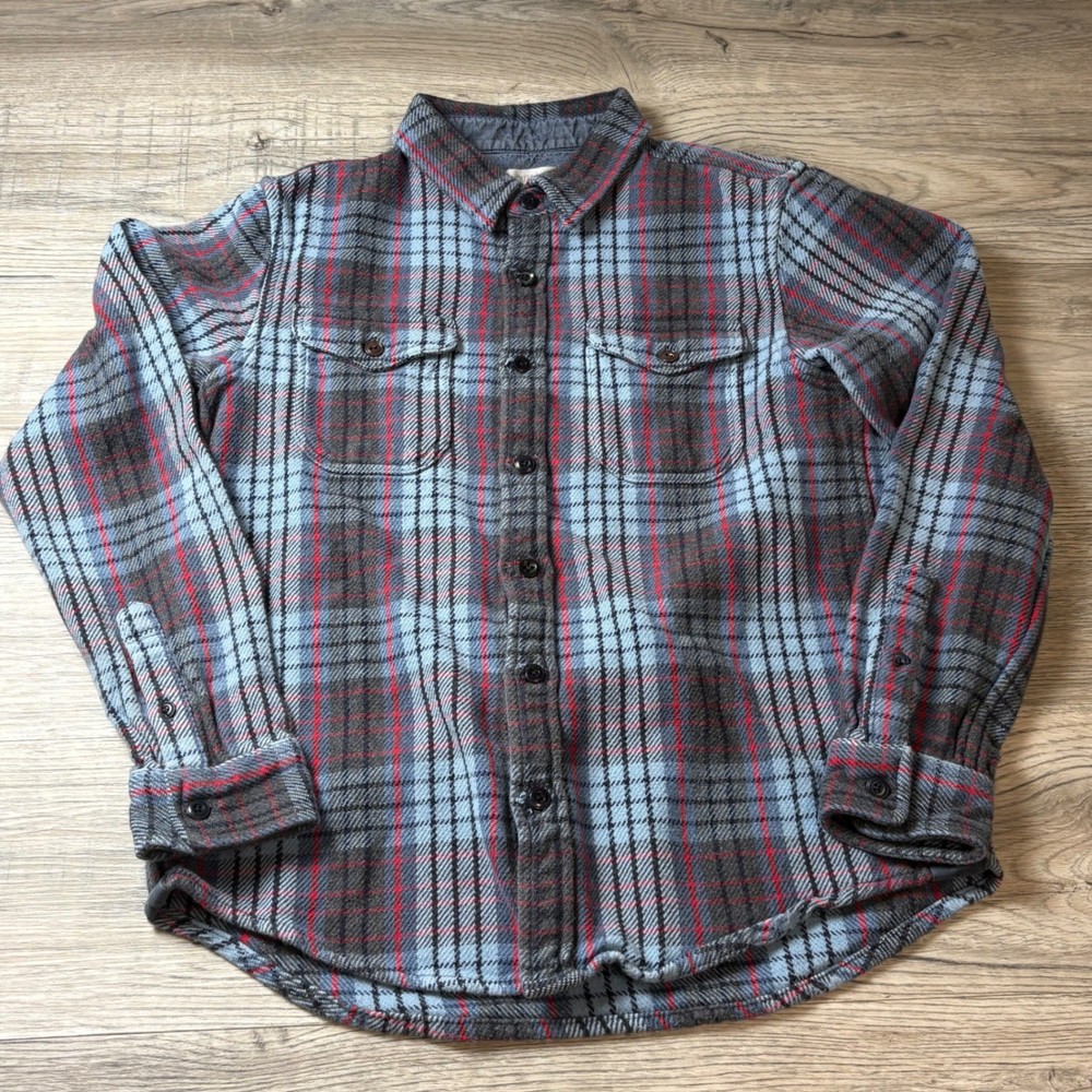 Outerknown Blanket Shirt Mens Medium Blue Grey Red Plaid Organic Cotton Flannel