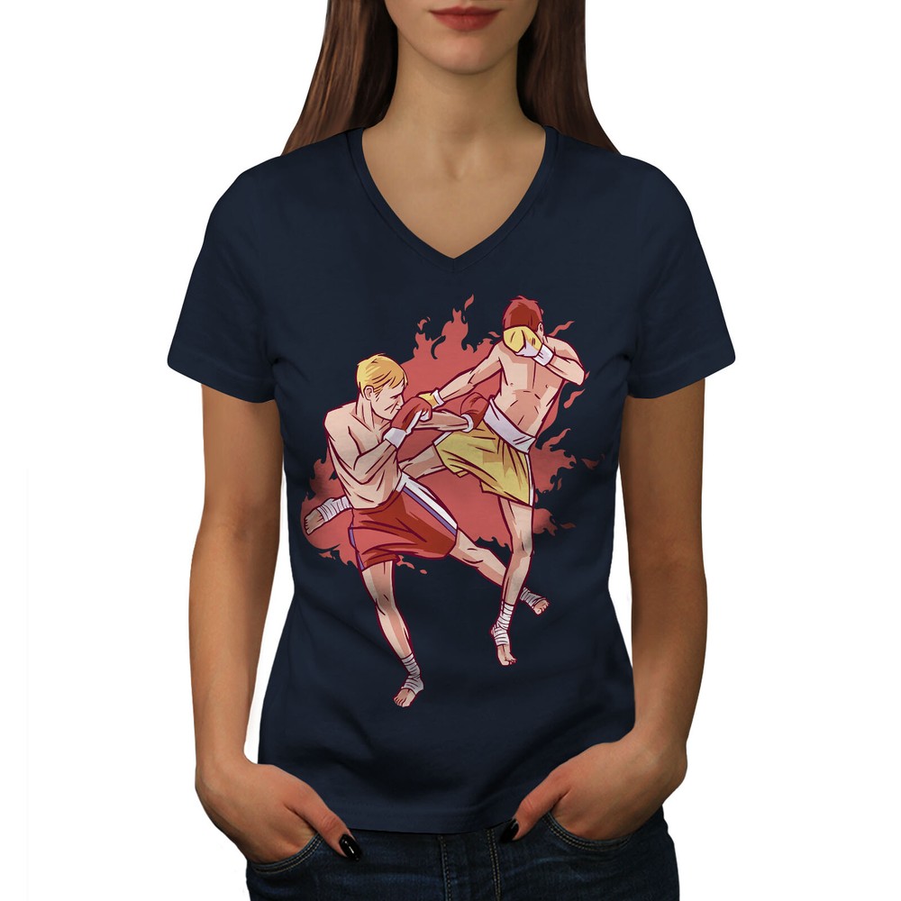 Wellcoda Kickboxing Fight Martial Arts Action Womens V-Neck T-shirt