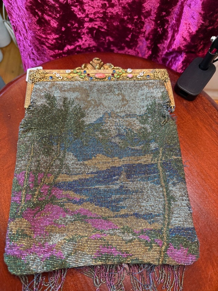 Antique Beaded Handbag Landscape Design & Ornate Metal Frame READ SEE