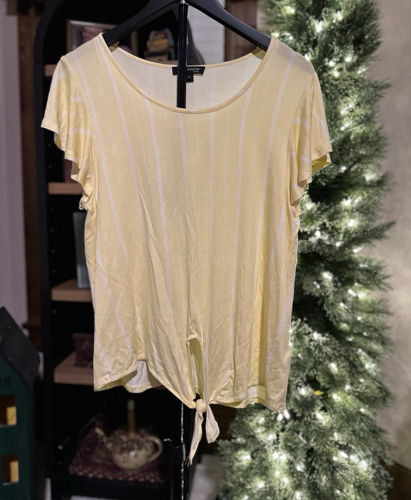 Tint & Shadow Yellow/White Striped Petite Round Neck Short Sleeve Tie Top PL