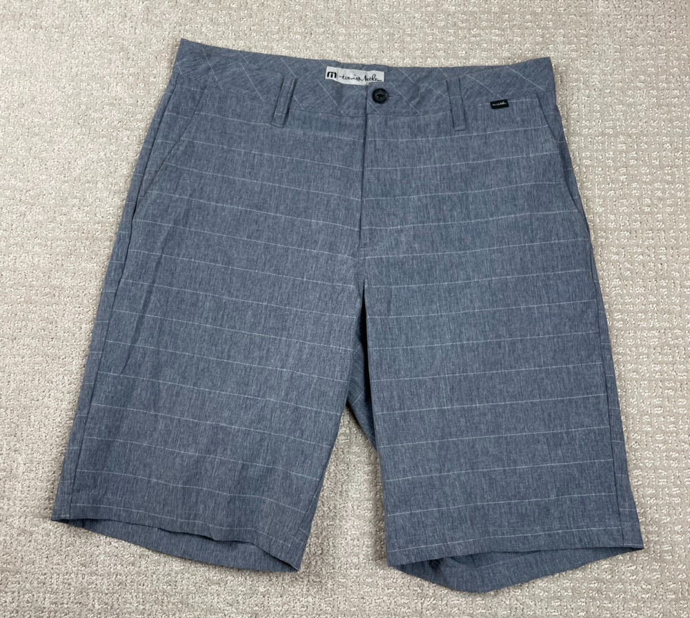 Travis Mathew Shorts Mens Size 34 Beck Blue Gray Plaid Performance Stretch Chino