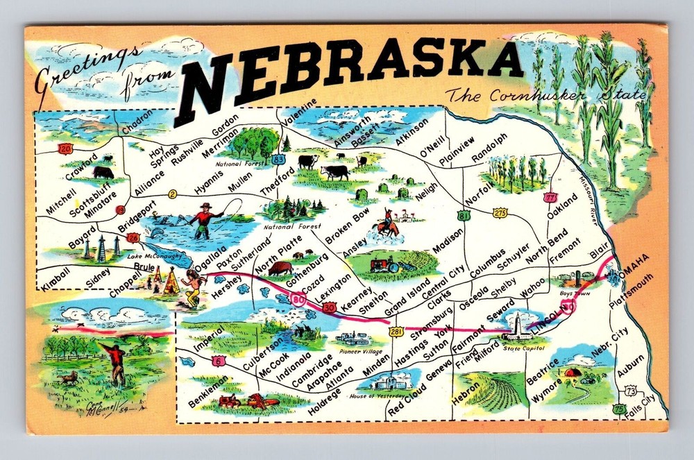 Greetings From Nebraska The Cornhusker State Map Vintage Postcard