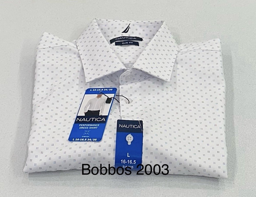 Nautica Men's Performance Slim Fit Dress Shirt, White, L (16-16.5, 34/35)