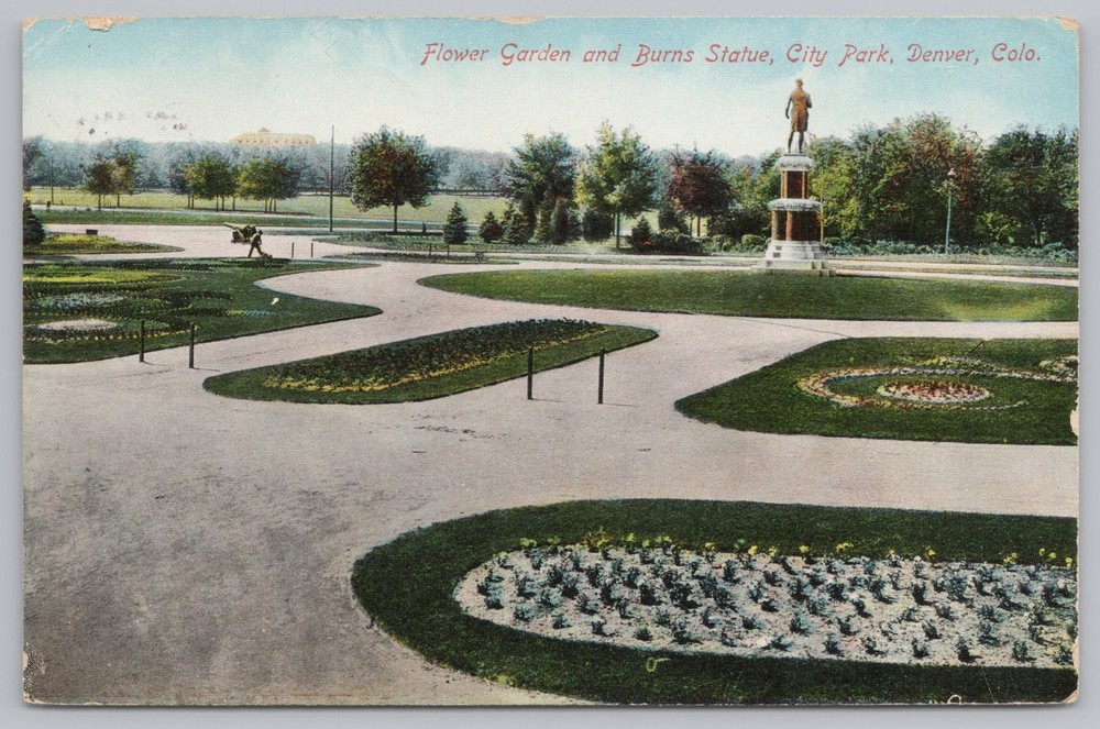 State View~Denver CO~Flower Garden & Burns Statue~City Park~PM 1910 Postcard