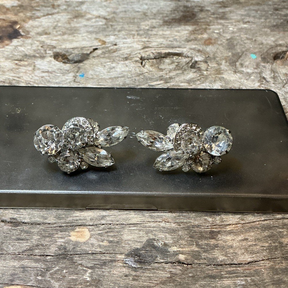Eisenberg Vintage Clip On Earrings Clear Crystals And Rhinestone Silver Tone