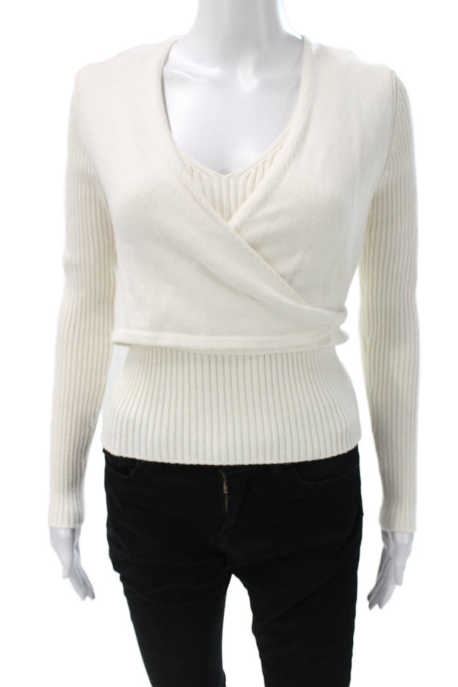 Toccin Women White Cotton V-Neck Wrap Sweater Long Sleeve Size SFree Shipping in US $100+ Orders | $6.95 Orders Below