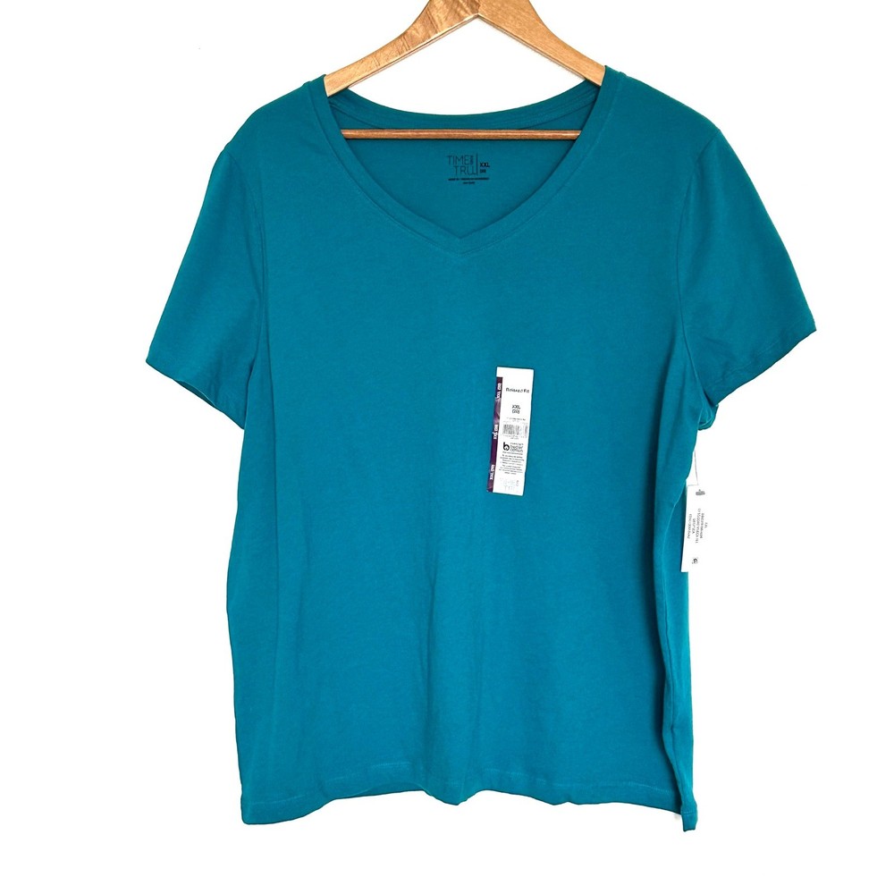 NWT Time And Tru Plus Shirt Women's XXL Teal Cotton V Neck Short Sleeve Top