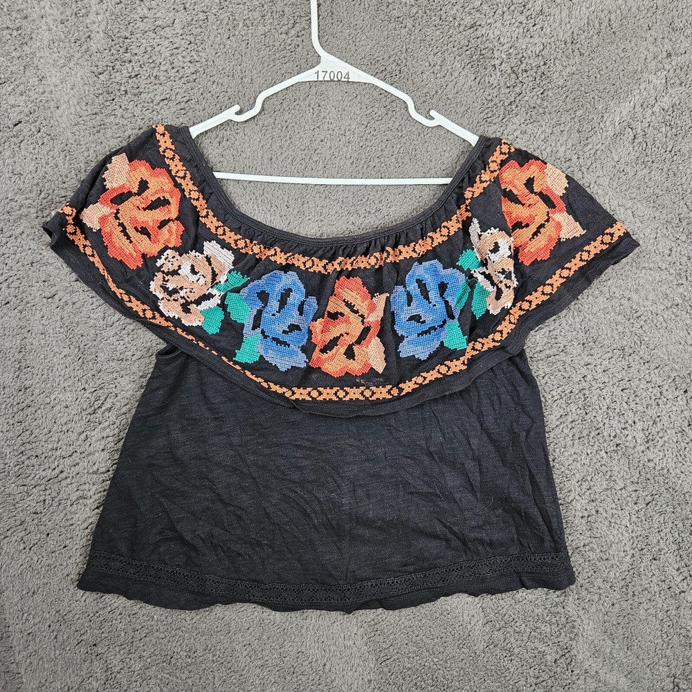 Women's Free People Black Multi Floral Embroidered Off the Shoulder Top Size S