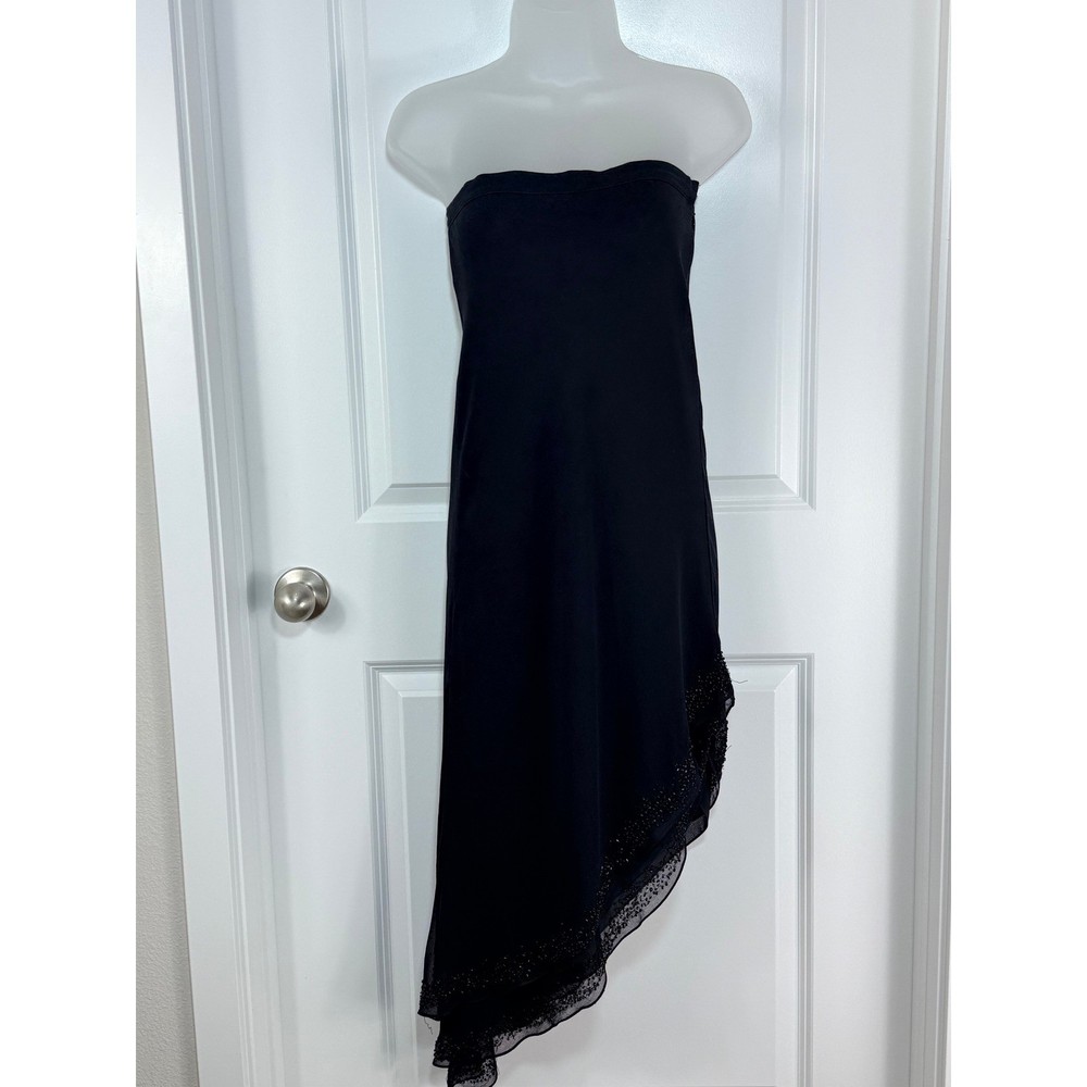 Cache Black Beaded Evening Ruffled Asymmetrical Hem Strapless Midi Dress S 4