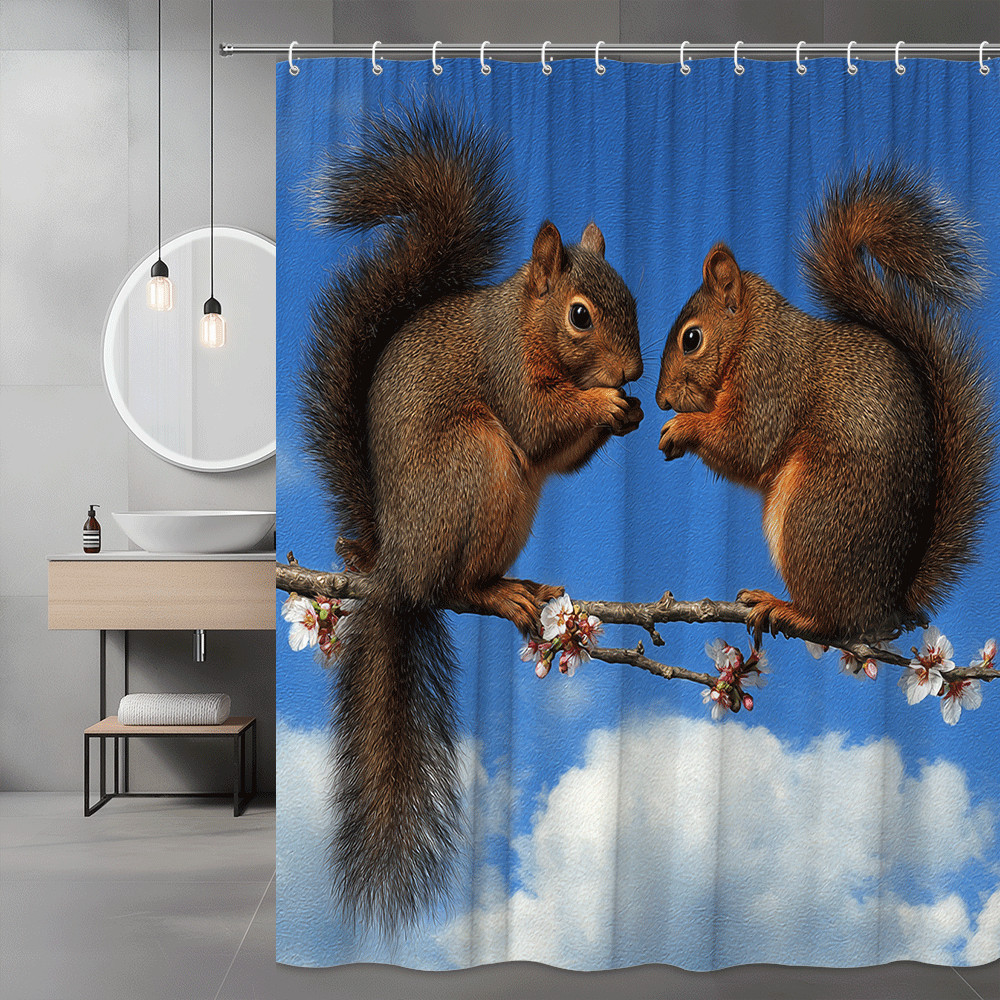 Squirrel Shower Curtain Blue Sky Branch Floral Print
