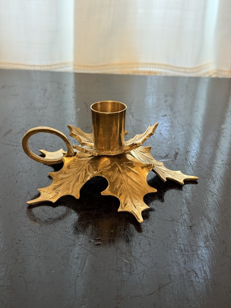 Vintage Brass Holly Leaf Chamber Candle Holder