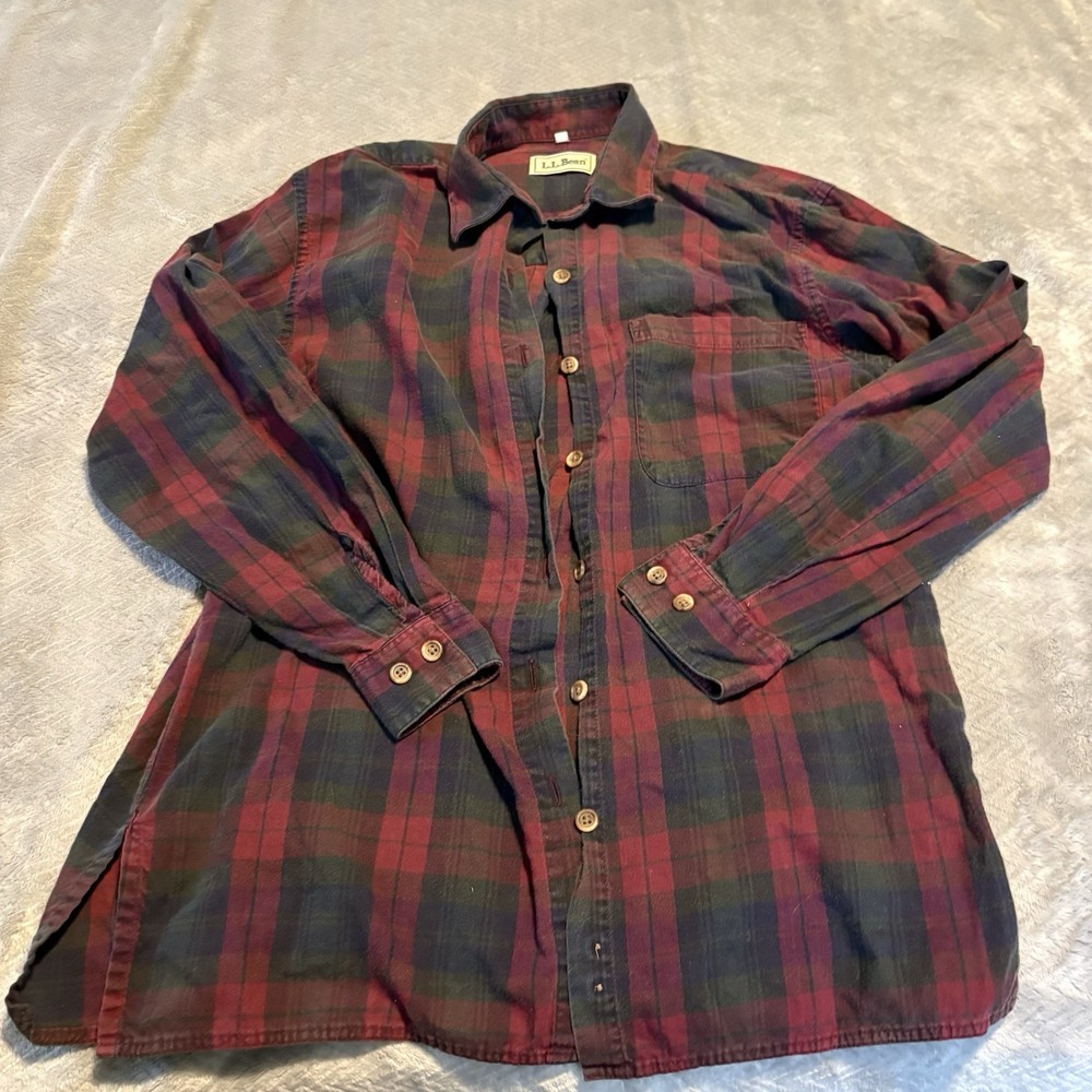 VTG LL Bean Red Green Plaid Flannel Shirt Mens Small 100% Cotton Made In USA