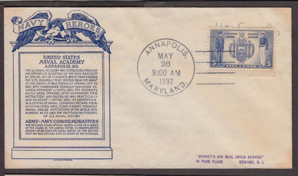 1937 Navy Sc 794-6 FDC with C. S. Anderson cachet, hand cancel single stamp