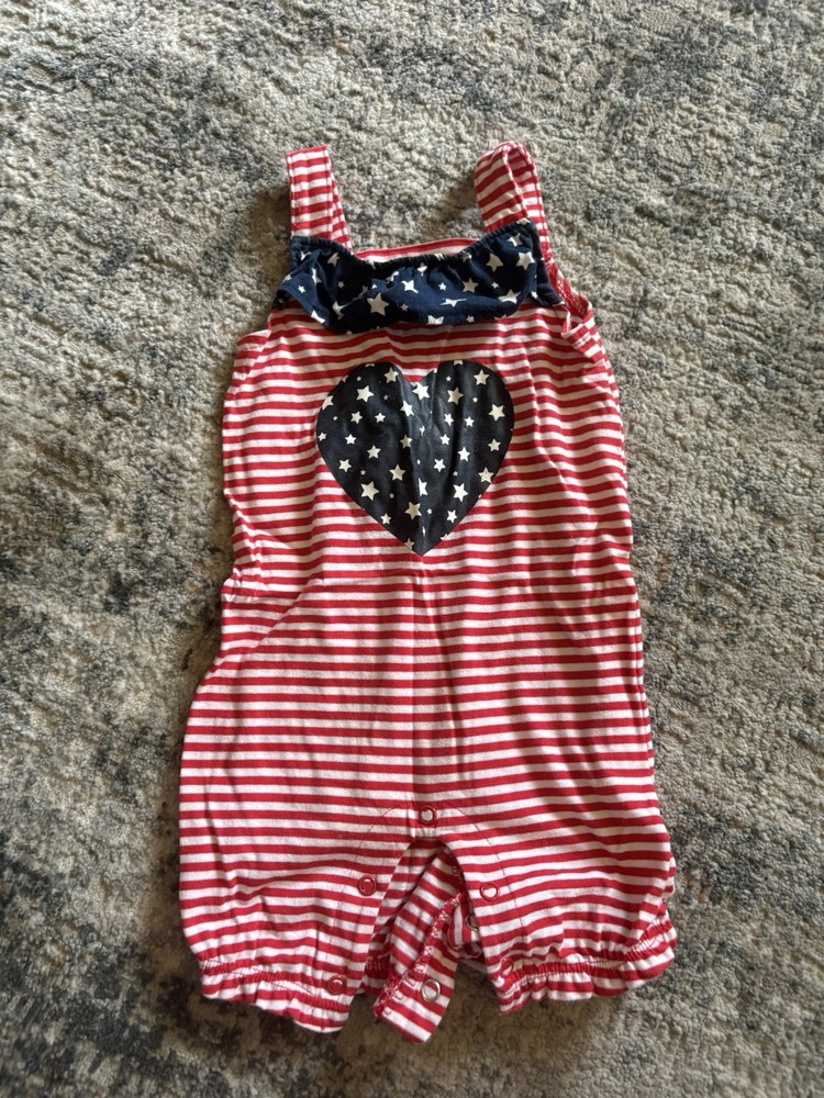 celebration PATRIOTIC Red White Blue Striped Heart Star Romper 6-9M Sleeveless