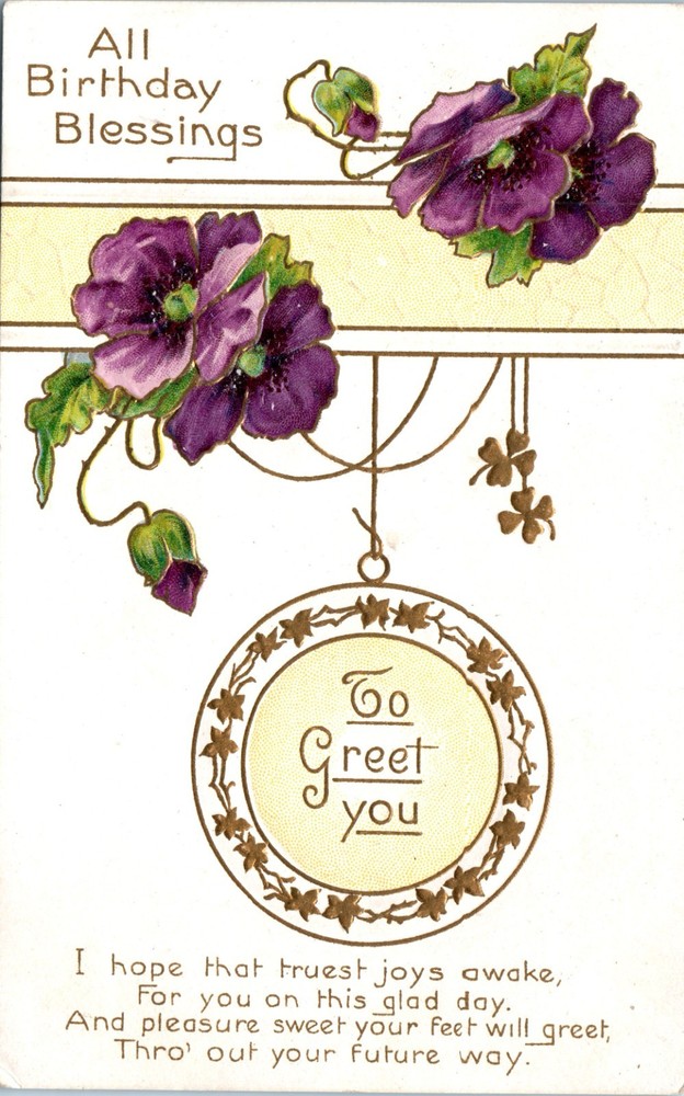 Vintage - Lovely Art Nouveau Gilt Flowers Embossed Birthday - Postcard - P12