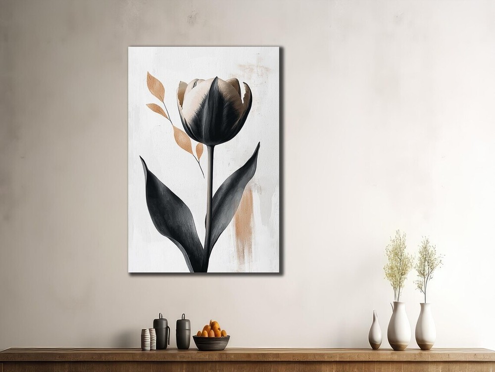 Modern Flowers Tulip Black Beige Paint Unframed Canvas Print Australian Wall Art