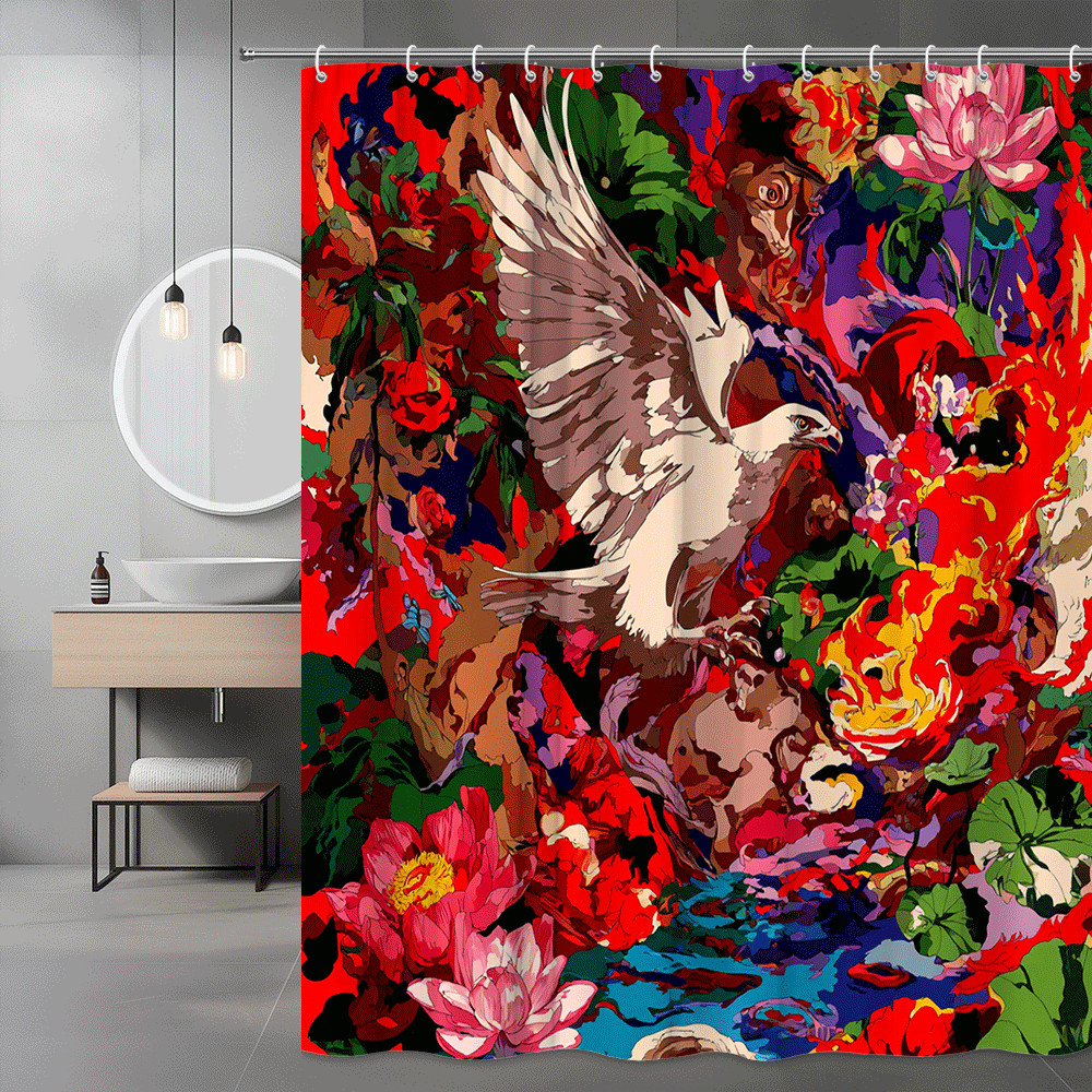 Floral Bird Shower Curtain Red Pink Green Abstract Print