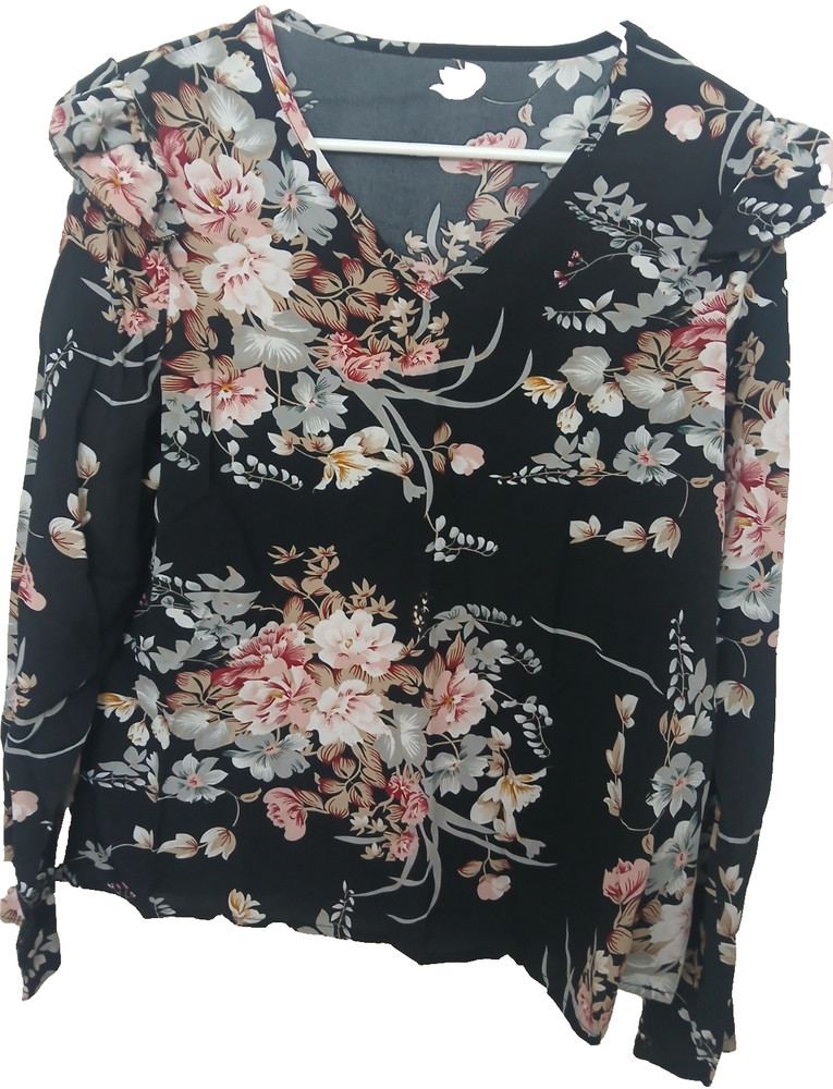 Floral Ruffle Sleeve V-Neck Long Sleeve Blouse Black Pink White Size L Women's