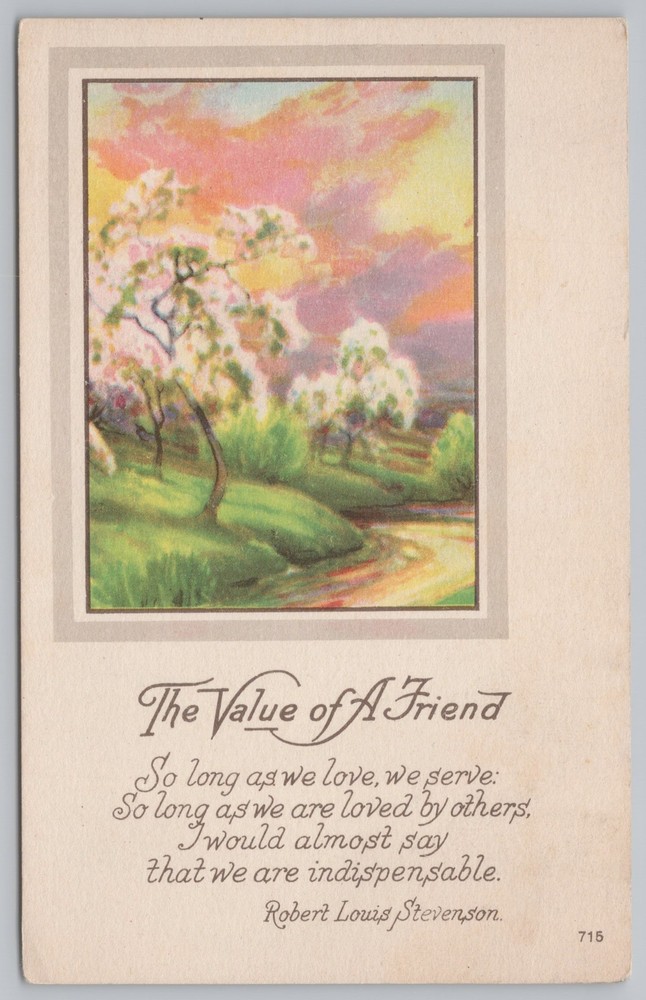 Greetings~Tree At Sunset Value of a Friend Poem~Vintage Postcard