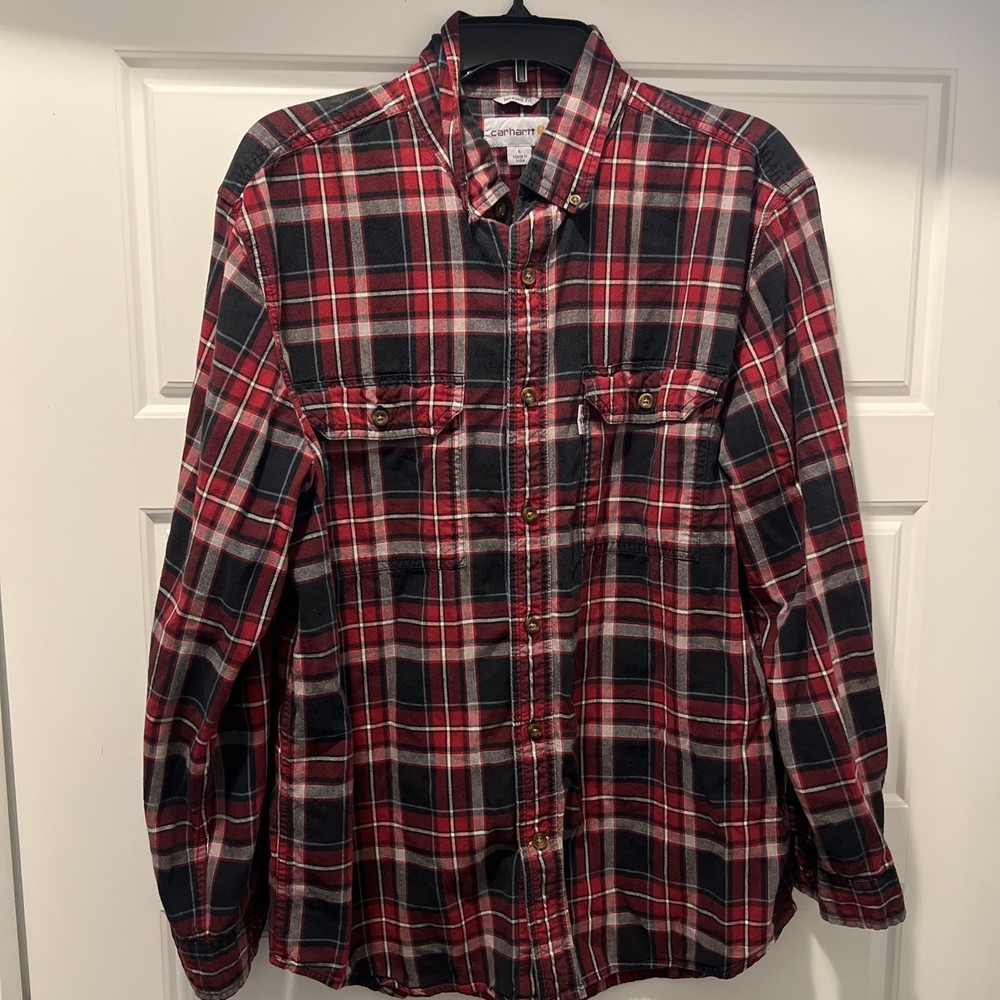Carhartt Men’s Flannel Shirt L Relaxed Fit Black Red Plaid Button-Up Workwear