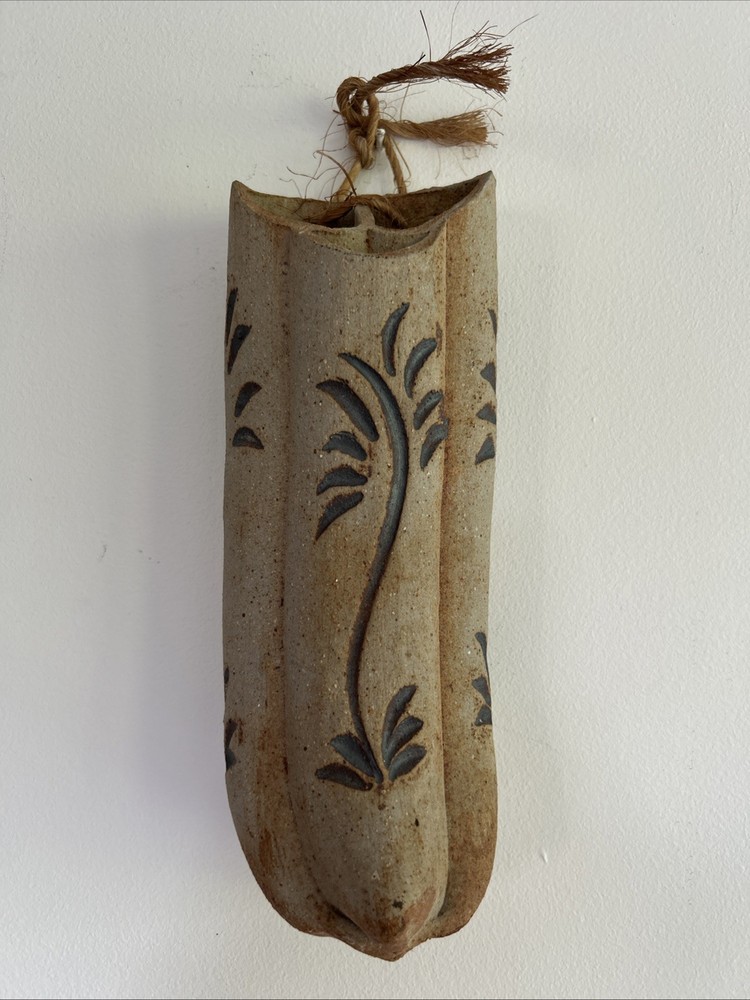 Vintage Studio Pottery Wall Pocket Flower Stoneware Hand Sculpted Signed L9.5”