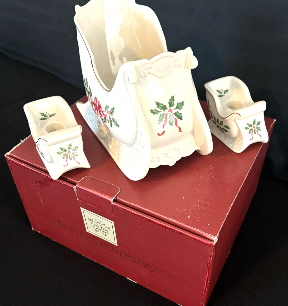 VTG LENOX Christmas Holiday Accent Sleigh Centerpiece +Candles NEW NIB MSRP $175-image