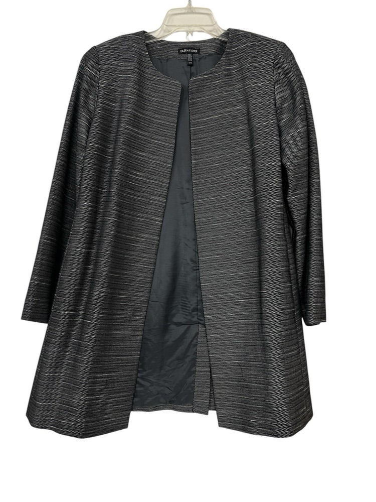 Eileen Fisher Jacket Blazer Coat Cotton Herringbone Dark Gray Long Open Medium