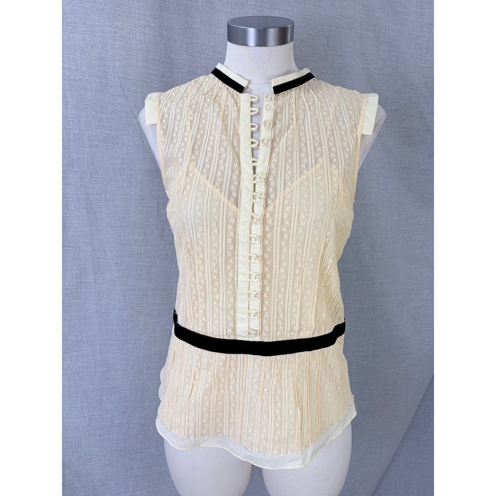 Marc Jacobs Cream Lace Sleeveless Blouse Velvet Trim Floral Buttons 8