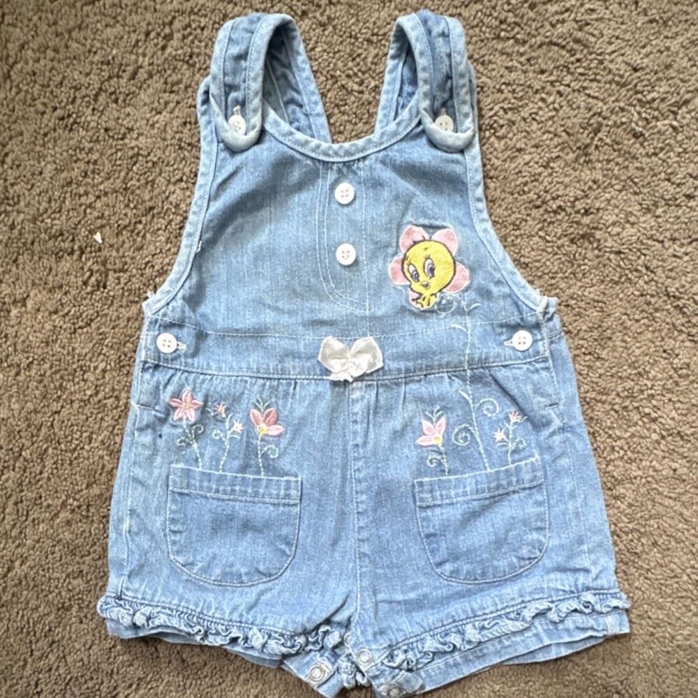 Looney Tunes Tweety Blue Denim Overall One-Piece 18M Embroidered Bow Pockets