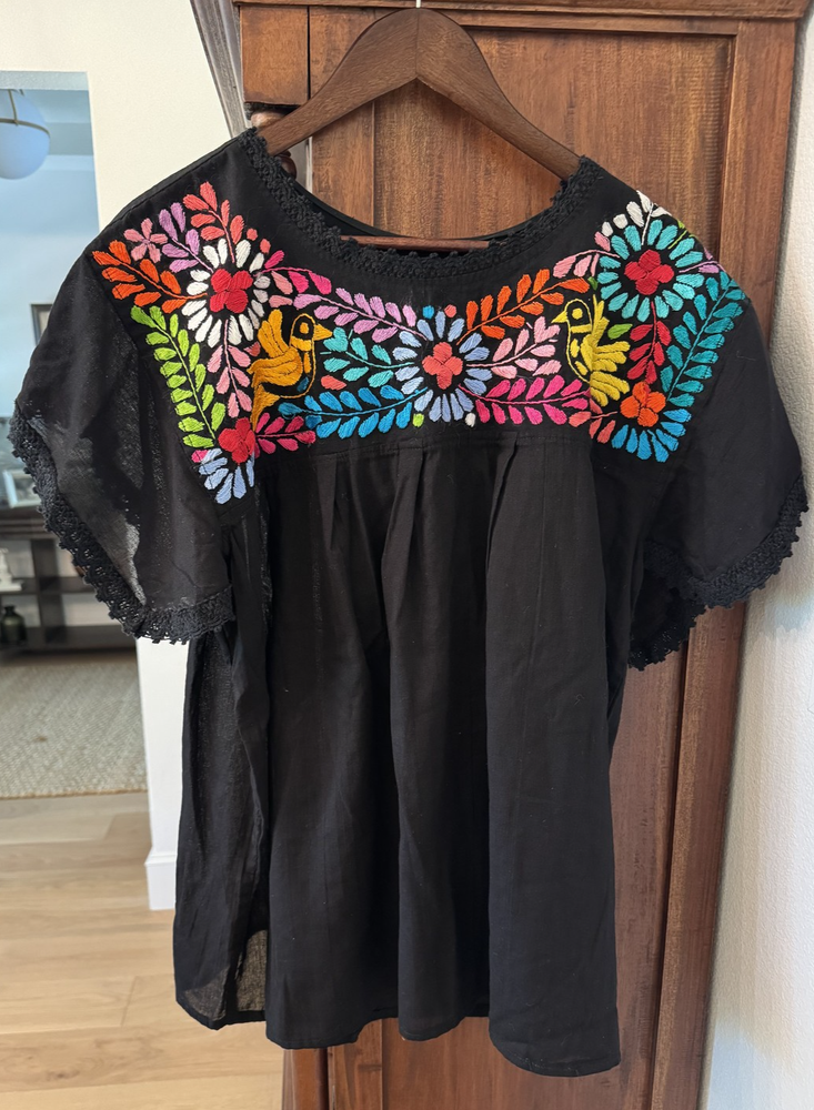 Mexican Embroidered Blouse Women's Large Black Boho Floral Oaxaca Top Colorful