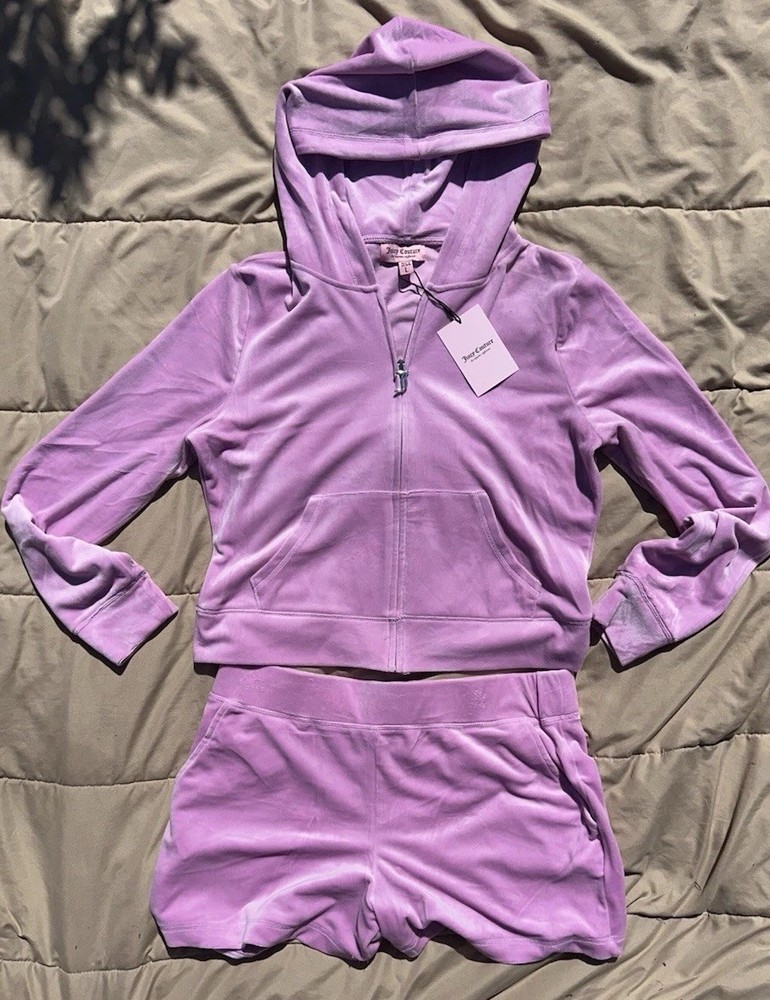 JUICY COUTURE Velour Bling Set Large Hoodie Shorts Lavender Pink Y2K Old MoneyY2K