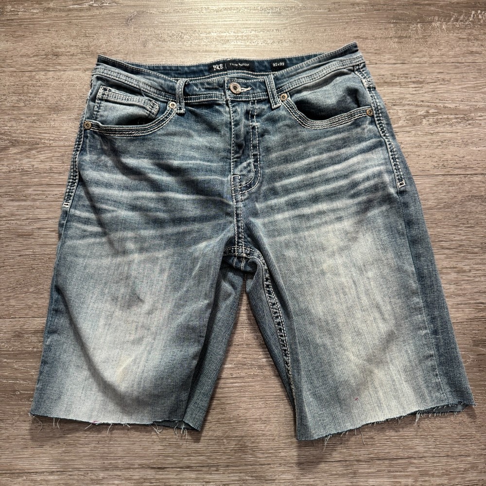 BKE Shorts Mens 32 Blue Denim Cut off  Whiskered 10