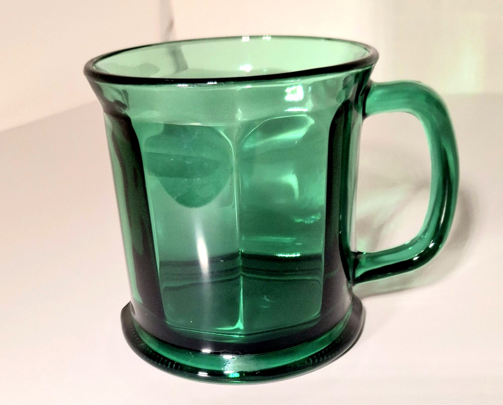 Vintage USA Culver Green  Glass Mug with Handle MCM Faceted Flared Rim Emerald