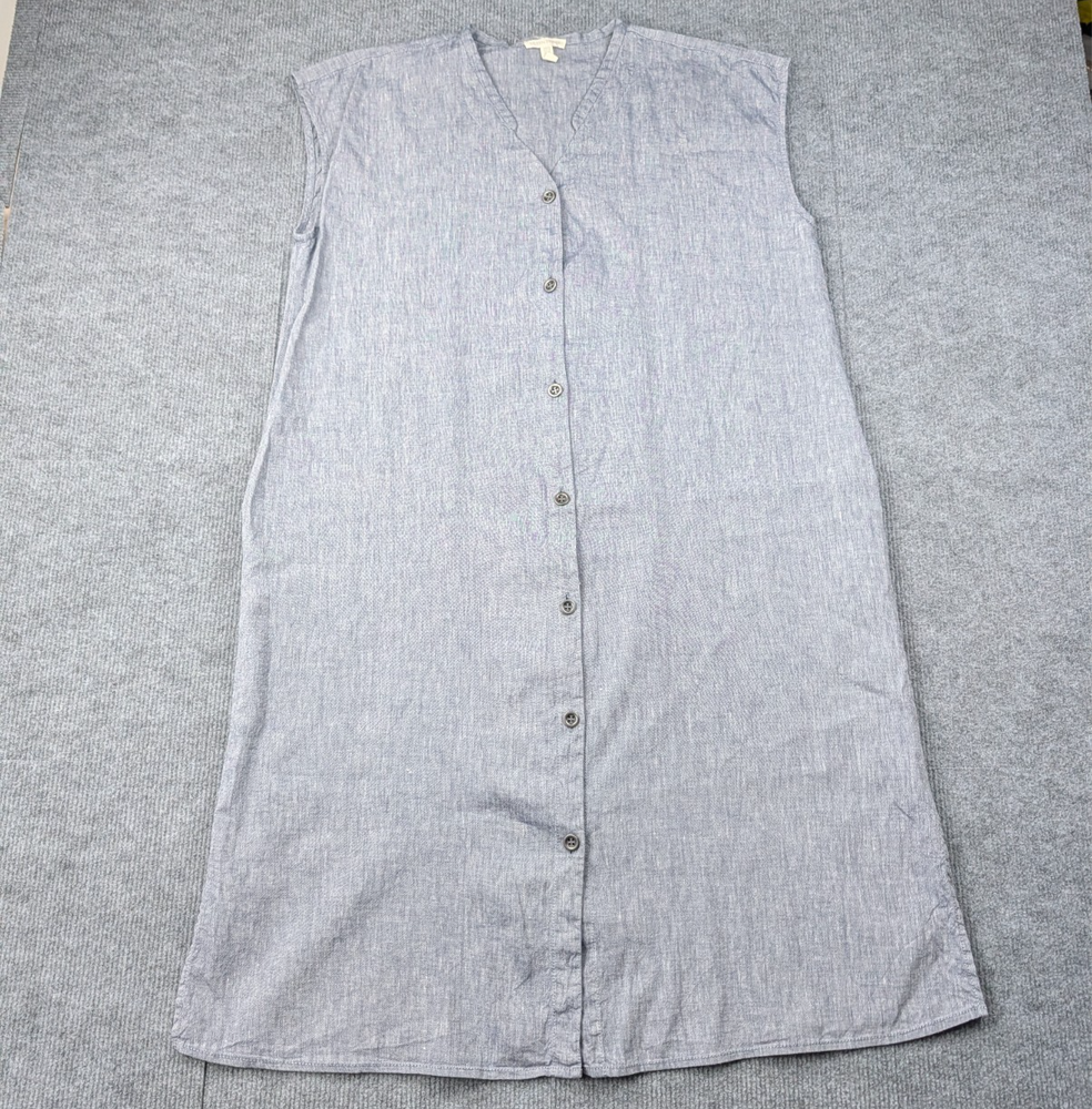 Eileen Fisher Shirt Dress Womens Large Blue Linen Button Up Coastal Minimal