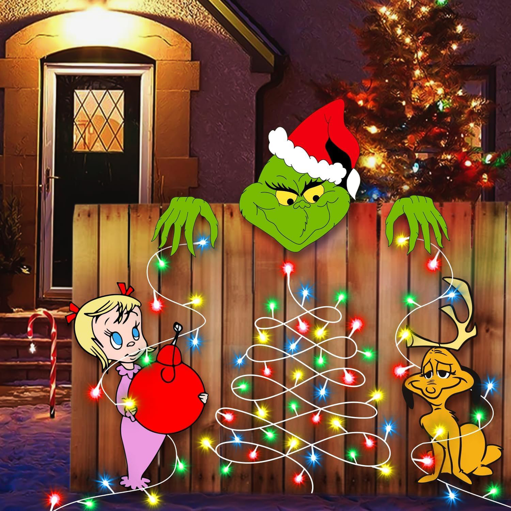 5pcs Christmas Decorations Outdoor Fence Peeker with LED Lights, Light Up Xmas