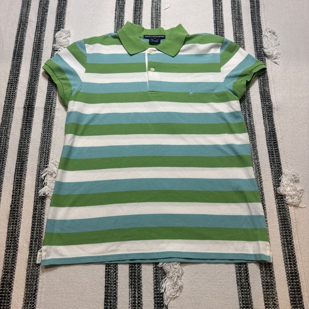 Vintage Ralph Lauren Sport Striped Polo Shirt Large Green Blue Y2K Preppy Women