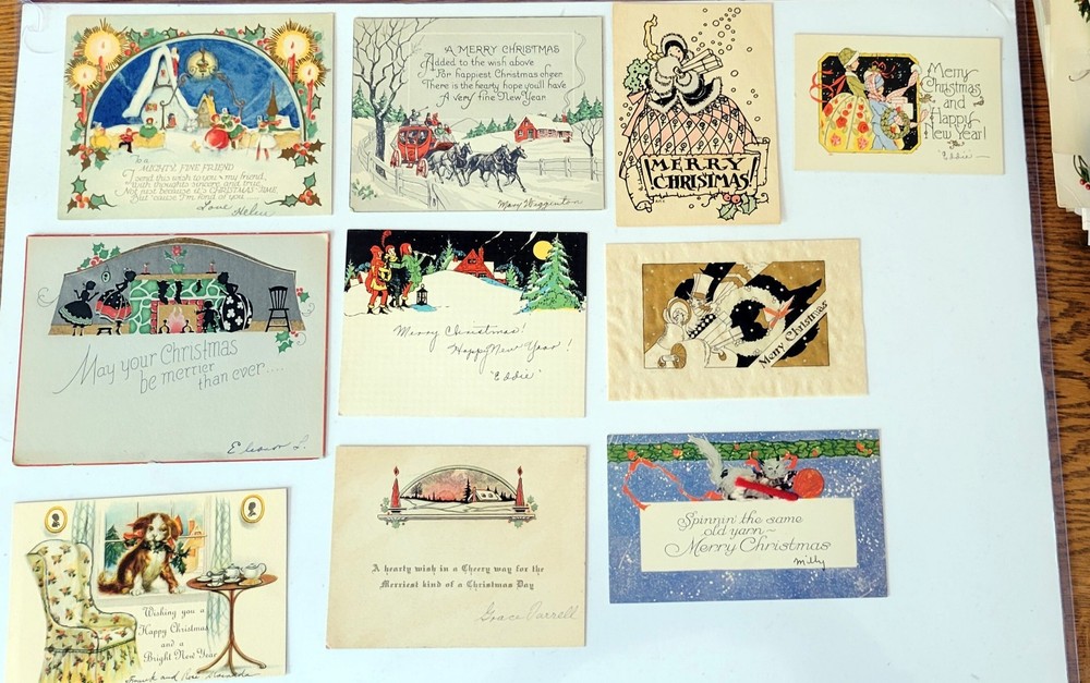 Ten Art Deco Themed Christmas Cards. 1930s, USA. Colonial, Candles, Home Living
