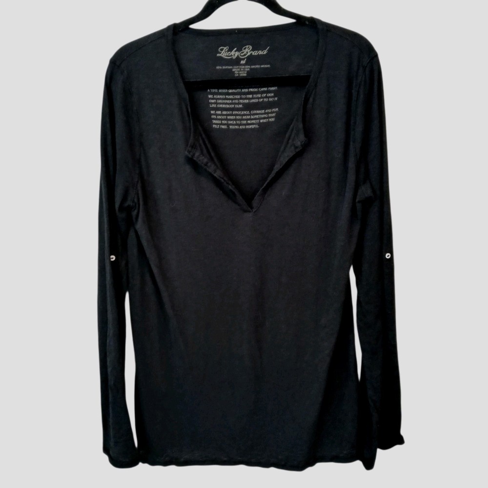 Lucky Brand Cotton Modal Long Sleeve T-shirt Black Size XL Tab Sleeve Vneck