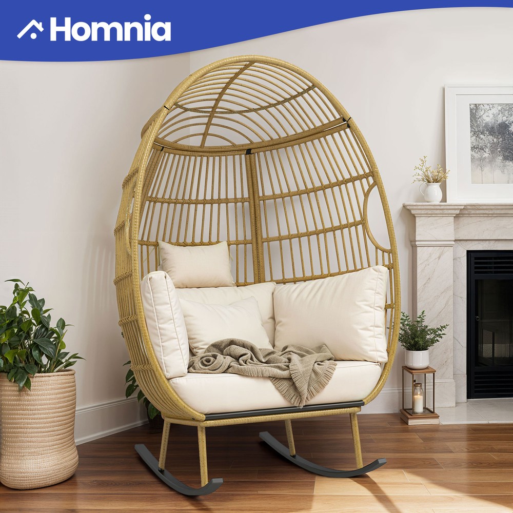 Oversized Rattan Rocking Egg Chair Indoor Wicker Basket Chair Lounger w/ Cushion