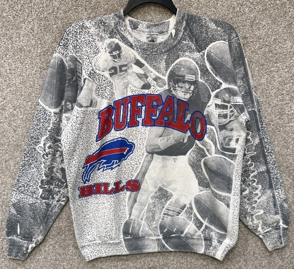Vintage 90s NFL Mens Buffalo Bills AOP All Over Print Crewneck Sweatshirt XL USA
