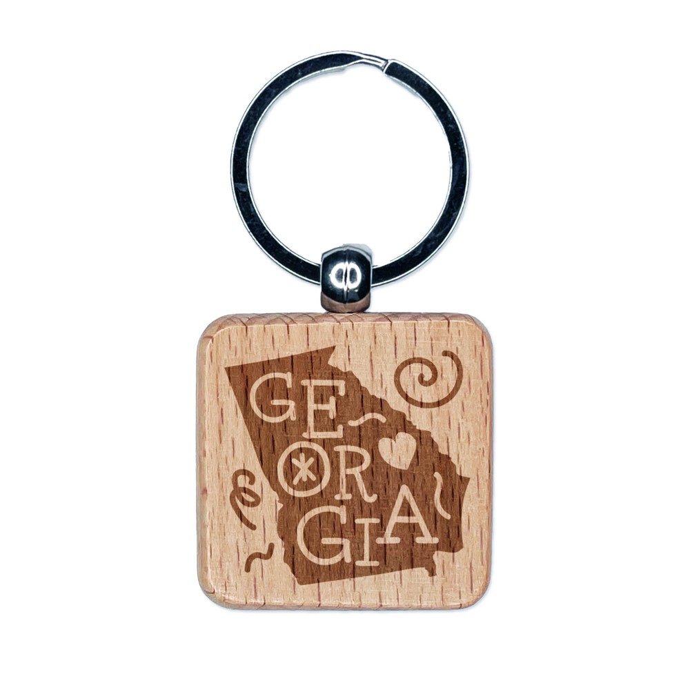 Georgia State Engraved Wood Keychain with Swirl Design