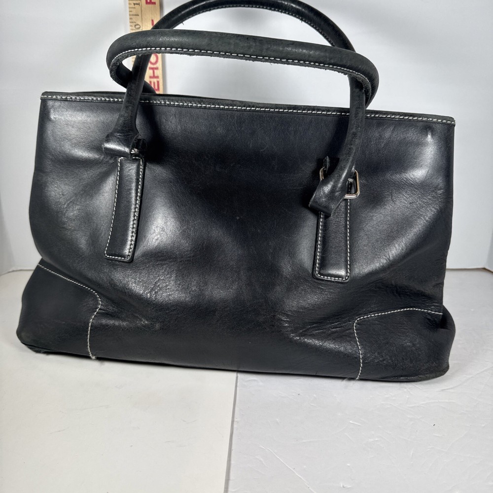 Vintage 100% Genuine Leather Black Purse with White stitching Y2K Style