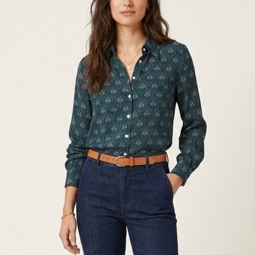Birds of Paradis by Trovata Jacqueline Silk Blend Floral Blouse Teal Small
